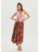 Black Patterned Printed Skirt with Gipe Detail and Tied Waist 4506